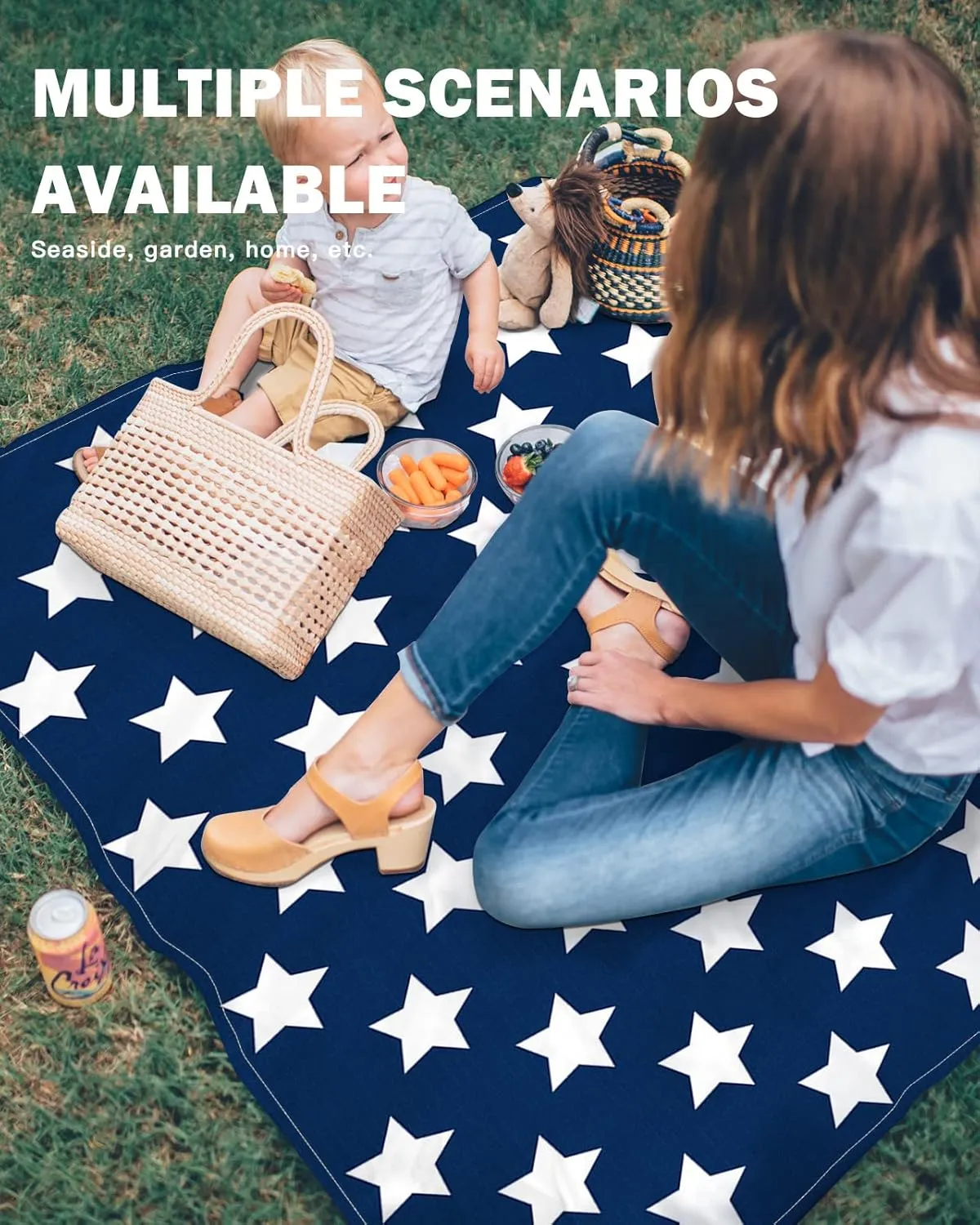 Beach Blanket, Independence Day Flag Day Blue Stars Pentagram Freedom Beach Mat 108"x84" Large Picnic Blanket,Sandproof Waterproof Outdoor Beach Blankets for Travel Camping Hiking Beach Vacation