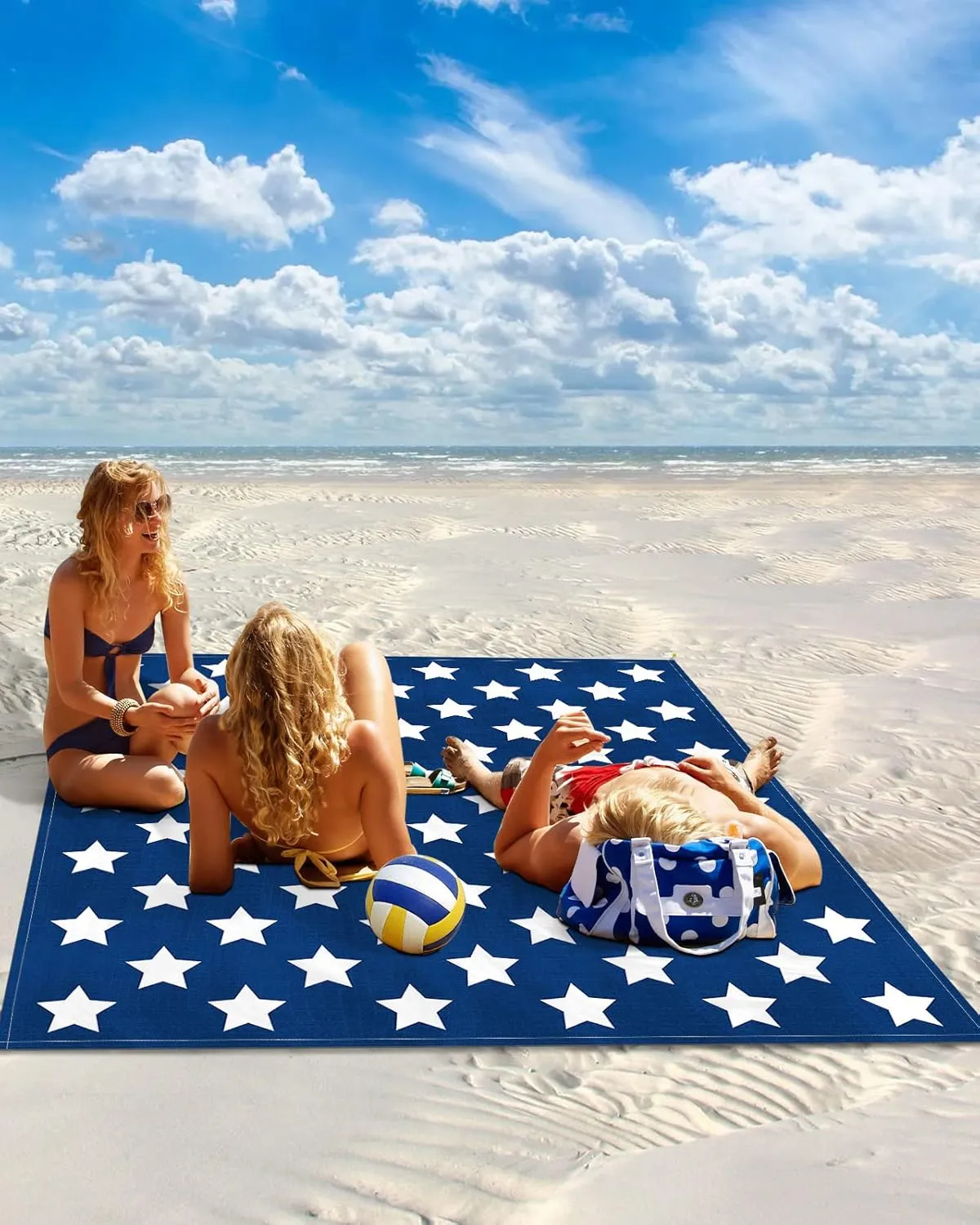 Beach Blanket, Independence Day Flag Day Blue Stars Pentagram Freedom Beach Mat 108"x84" Large Picnic Blanket,Sandproof Waterproof Outdoor Beach Blankets for Travel Camping Hiking Beach Vacation