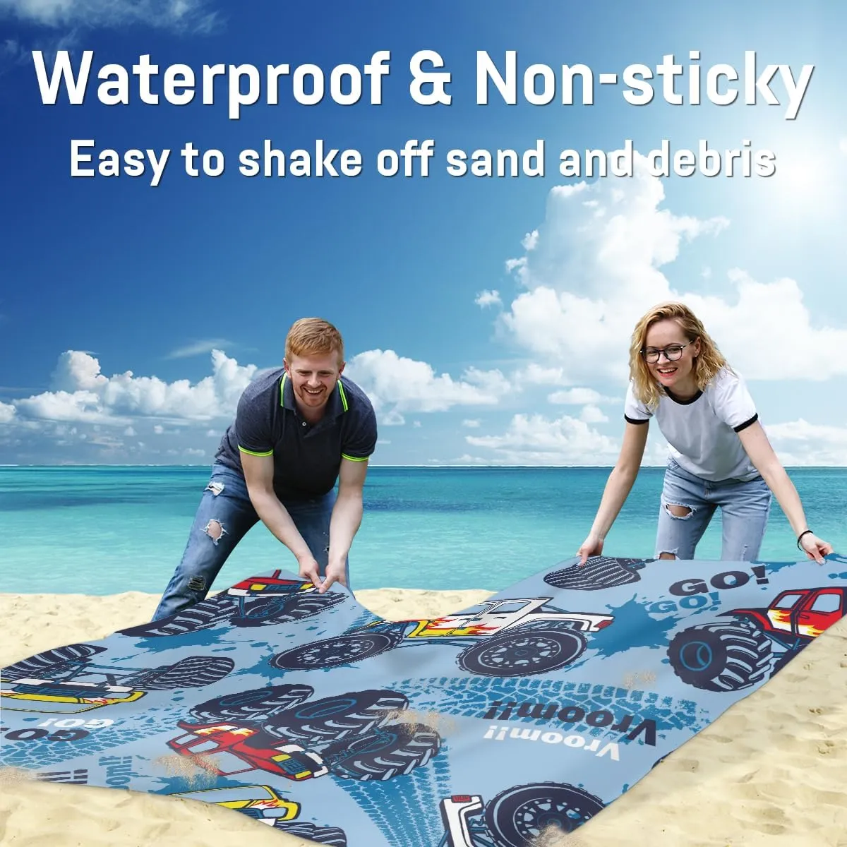 Beach Blanket, Monster Truck Sandproof Beach Mat, Waterproof Quick Drying Sand Free Mat with 4 x Ground Spikes for Outdoor Travel Camping Hiking, Truck Cars 68 x 59 in