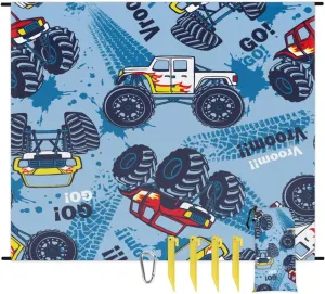 Beach Blanket, Monster Truck Sandproof Beach Mat, Waterproof Quick Drying Sand Free Mat with 4 x Ground Spikes for Outdoor Travel Camping Hiking, Truck Cars 68 x 59 in