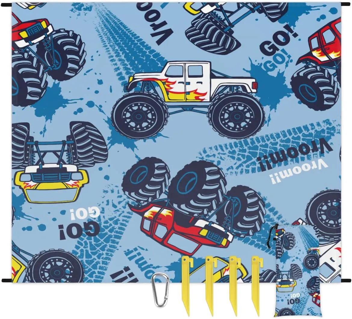 Beach Blanket, Monster Truck Sandproof Beach Mat, Waterproof Quick Drying Sand Free Mat with 4 x Ground Spikes for Outdoor Travel Camping Hiking, Truck Cars 68 x 59 in