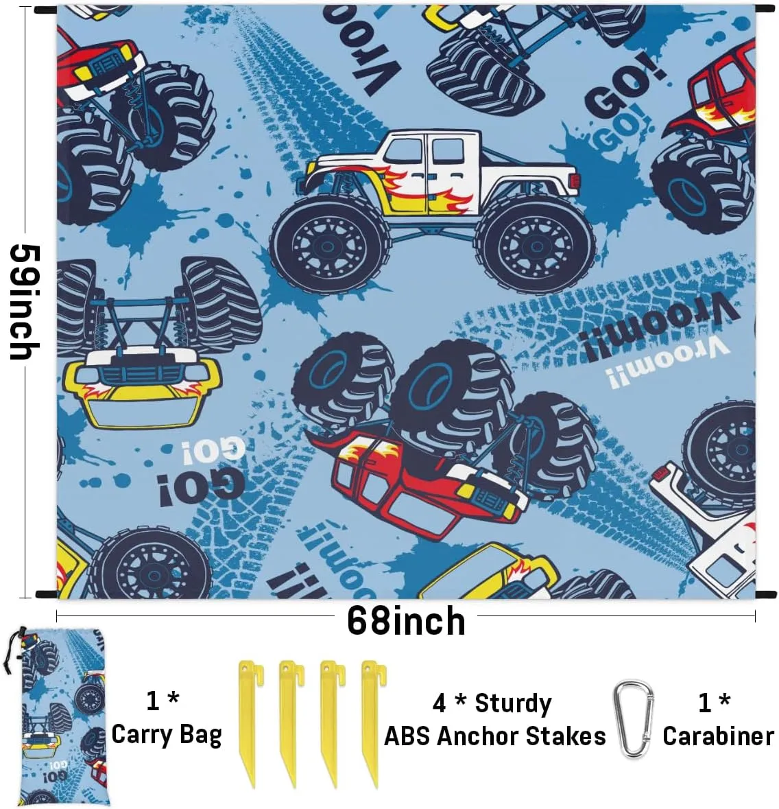 Beach Blanket, Monster Truck Sandproof Beach Mat, Waterproof Quick Drying Sand Free Mat with 4 x Ground Spikes for Outdoor Travel Camping Hiking, Truck Cars 68 x 59 in