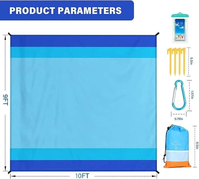 Beach Blanket Oversized Extra Large 10'X 9',Waterproof Sandproof Beach Blanket 2-8 Adults Lightweight Durable for Travel Camping Hiking Picnic (10'X 9', Blue)