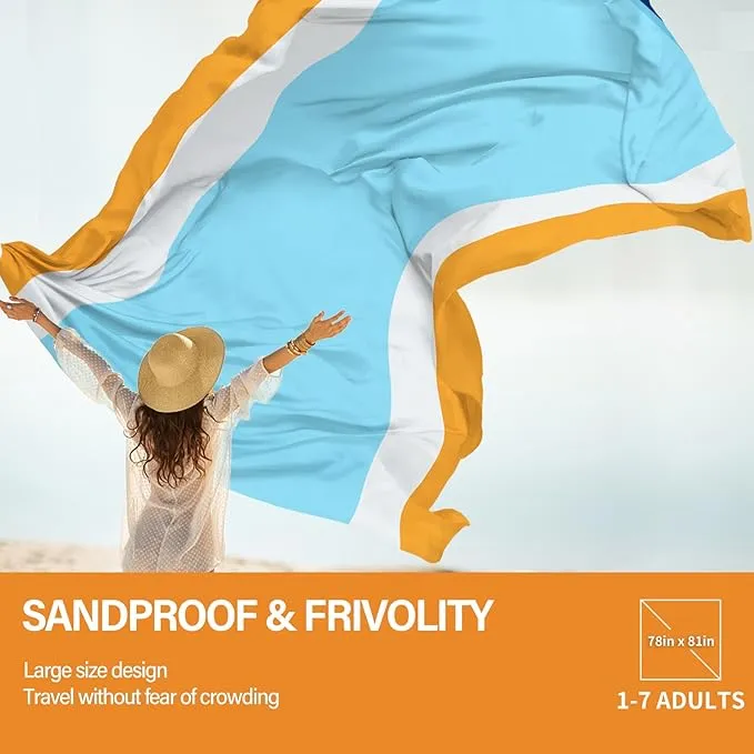 Beach Blanket Oversized Extra Large78 X 81",Waterproof Sandproof Beach Blanket 1-7 Adults Lightweight Durable for Travel Camping Hiking Picnic (78" X 81", Orange&Blue)