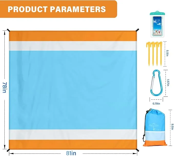Beach Blanket Oversized Extra Large78 X 81",Waterproof Sandproof Beach Blanket 1-7 Adults Lightweight Durable for Travel Camping Hiking Picnic (78" X 81", Orange&Blue)