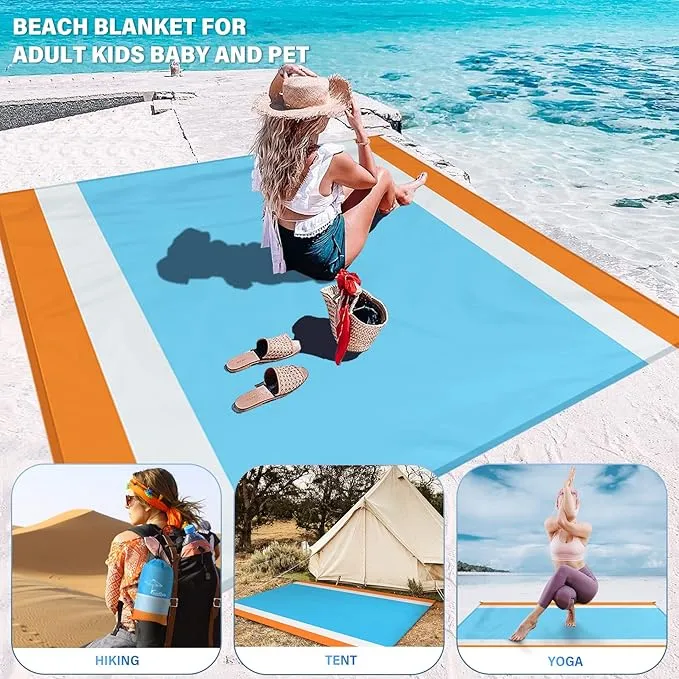 Beach Blanket Oversized Extra Large78 X 81",Waterproof Sandproof Beach Blanket 1-7 Adults Lightweight Durable for Travel Camping Hiking Picnic (78" X 81", Orange&Blue)