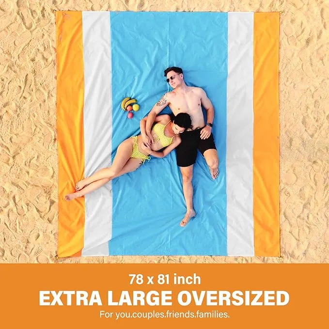 Beach Blanket Oversized Extra Large78 X 81",Waterproof Sandproof Beach Blanket 1-7 Adults Lightweight Durable for Travel Camping Hiking Picnic (78" X 81", Orange&Blue)