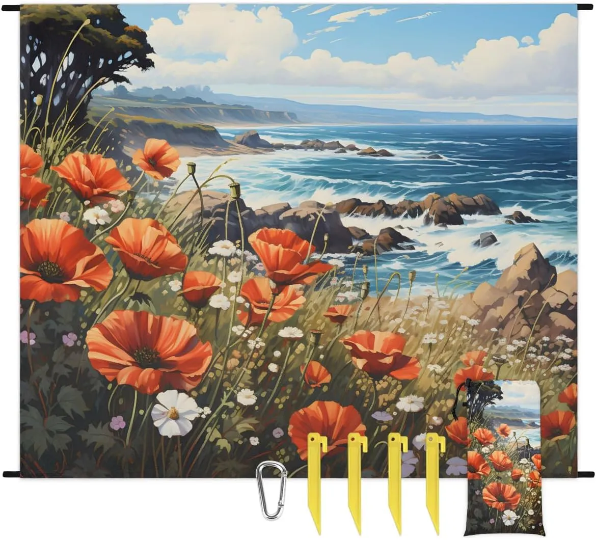 Beach Blanket, Red Flower Sandproof Beach Mat, Waterproof Quick Drying Sand Free Mat with 4 x Ground Spikes for Outdoor Travel Camping Hiking, Summer Floral 68 x 59 in