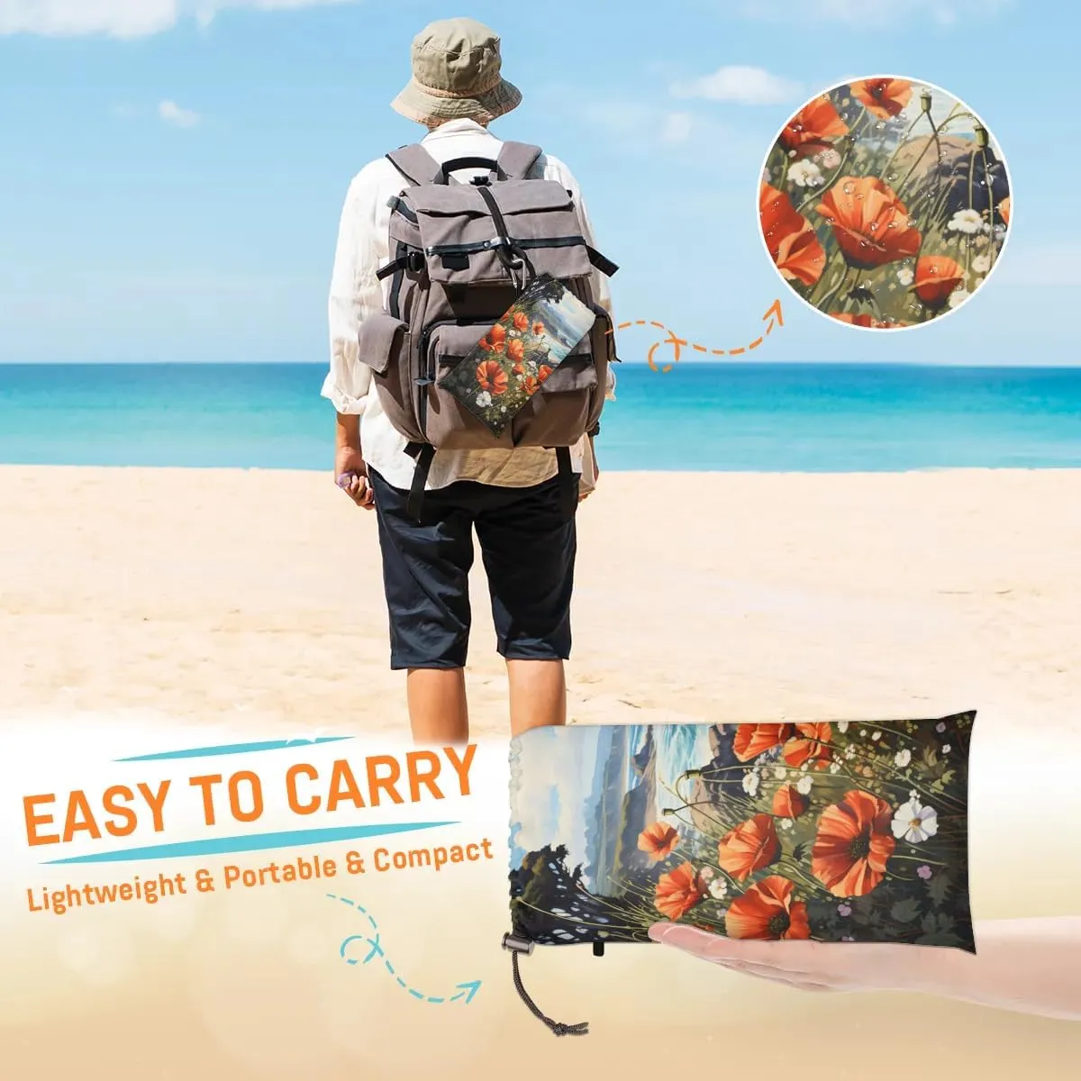 Beach Blanket, Red Flower Sandproof Beach Mat, Waterproof Quick Drying Sand Free Mat with 4 x Ground Spikes for Outdoor Travel Camping Hiking, Summer Floral 68 x 59 in