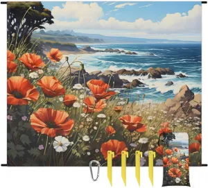 Beach Blanket, Red Flower Sandproof Beach Mat, Waterproof Quick Drying Sand Free Mat with 4 x Ground Spikes for Outdoor Travel Camping Hiking, Summer Floral 68 x 59 in