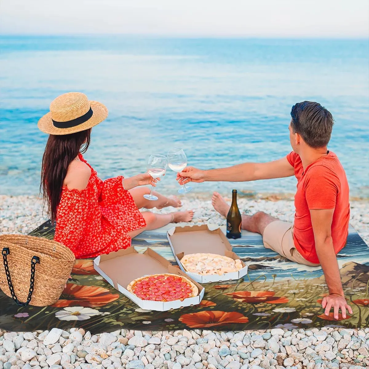 Beach Blanket, Red Flower Sandproof Beach Mat, Waterproof Quick Drying Sand Free Mat with 4 x Ground Spikes for Outdoor Travel Camping Hiking, Summer Floral 68 x 59 in