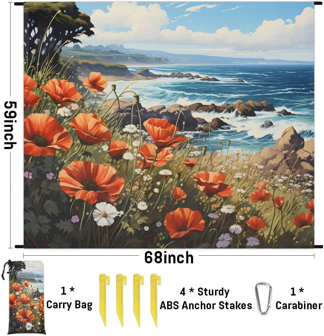 Beach Blanket, Red Flower Sandproof Beach Mat, Waterproof Quick Drying Sand Free Mat with 4 x Ground Spikes for Outdoor Travel Camping Hiking, Summer Floral 68 x 59 in