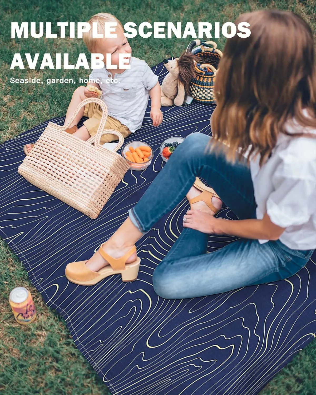 Beach Blanket Sandproof, 84"x108" Extra Large Beach Mat Waterproof Foldable Abstract Style Purple Simple Line Mountain Range Oversized Outdoor Mat for Camping Park Travel Grass