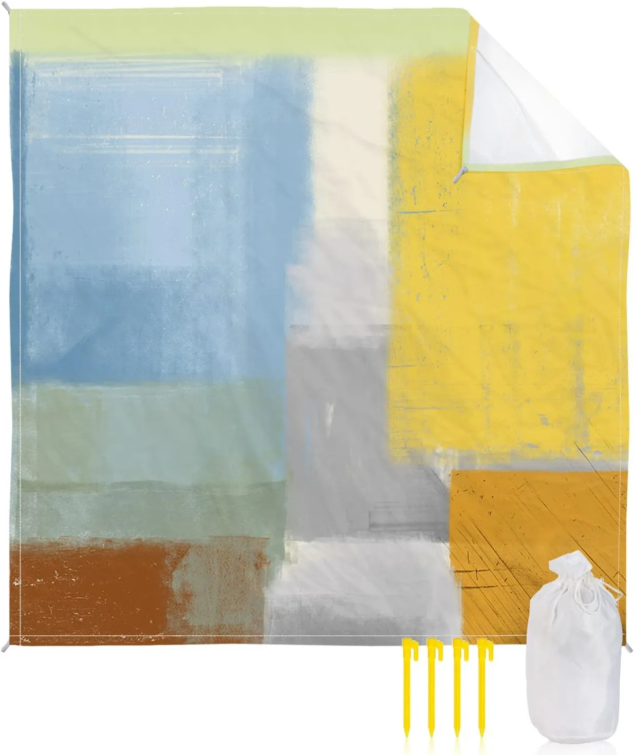 Beach Blanket Sandproof, Abstract Painting Art Style Orange Blue Yellow Grey Waterproof Beach Mat Lightweight Quick Drying Picnic Blanket Beach Essentials for Travel Camping Hiking 118x108in