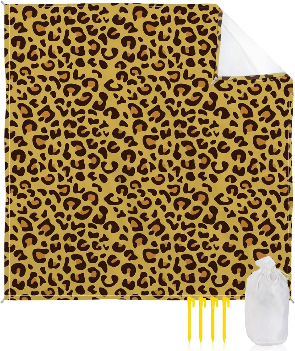 Beach Blanket Sandproof, Animal Skin Texture Yellow Leopard Print Waterproof Beach Mat Lightweight Quick Drying Picnic Blanket Beach Essentials for Travel Camping Hiking 118x108in