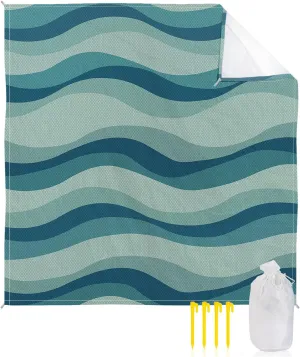 Beach Blanket Sandproof, Aqua Green Gradient Waves Texture Waterproof Beach Mat Lightweight Quick Drying Picnic Blanket Beach Essentials for Travel Camping Hiking 108x84in