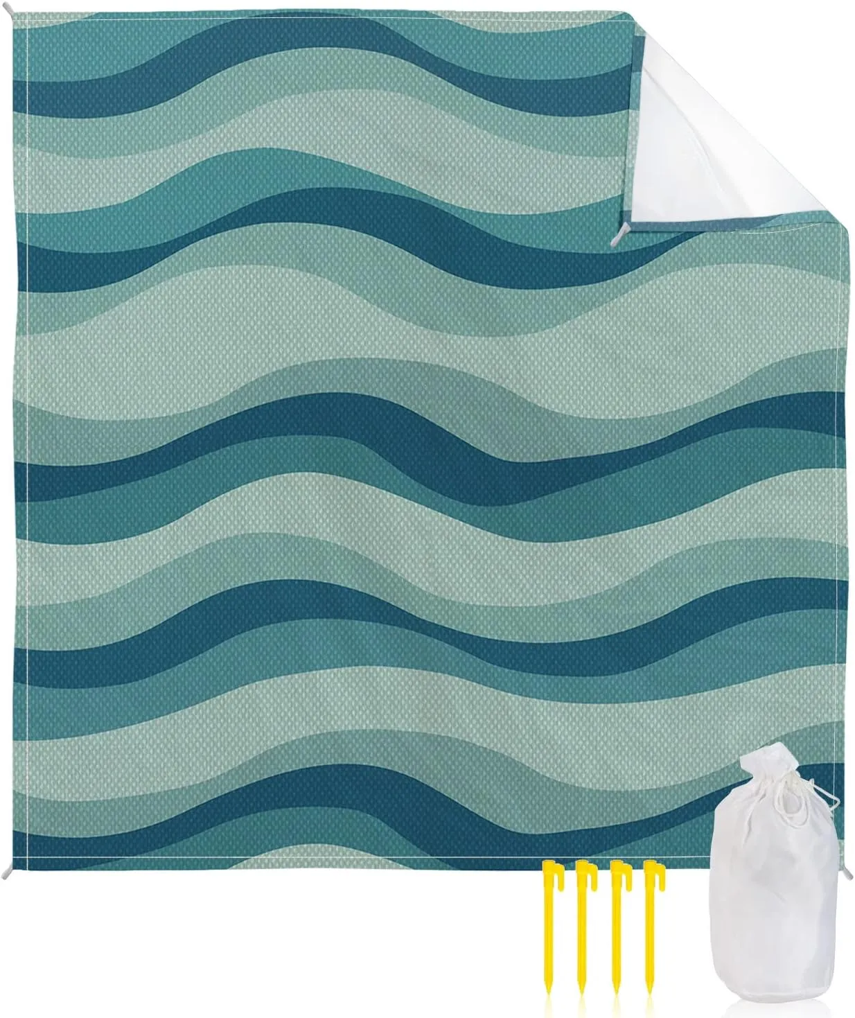 Beach Blanket Sandproof, Aqua Green Gradient Waves Texture Waterproof Beach Mat Lightweight Quick Drying Picnic Blanket Beach Essentials for Travel Camping Hiking 108x84in