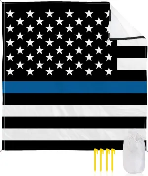 Beach Blanket Sandproof Blue Line Flag American Police Flag Honoring Law Enforcement Officers Waterproof Beach Mat Quick Drying Picnic Blanket Beach Essentials for Travel Camping Hiking 83x79in