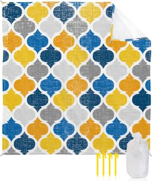 Beach Blanket Sandproof, Blue Yellow Geometric Morocco Pattern Waterproof Beach Mat Lightweight Quick Drying Picnic Blanket Beach Essentials for Travel Camping Hiking 95x80in