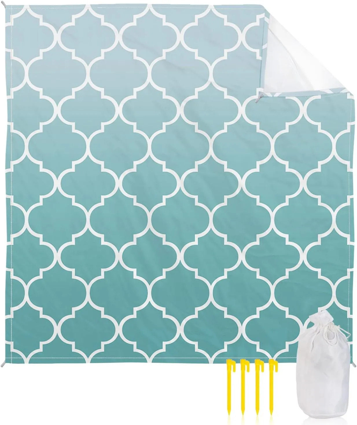 Beach Blanket Sandproof, Cyan Turquoise Gradient Retro Morocco Pattern Waterproof Beach Mat Lightweight Quick Drying Picnic Blanket Beach Essentials for Travel Camping Hiking 95x80in