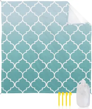 Beach Blanket Sandproof, Cyan Turquoise Gradient Retro Morocco Pattern Waterproof Beach Mat Lightweight Quick Drying Picnic Blanket Beach Essentials for Travel Camping Hiking 95x80in