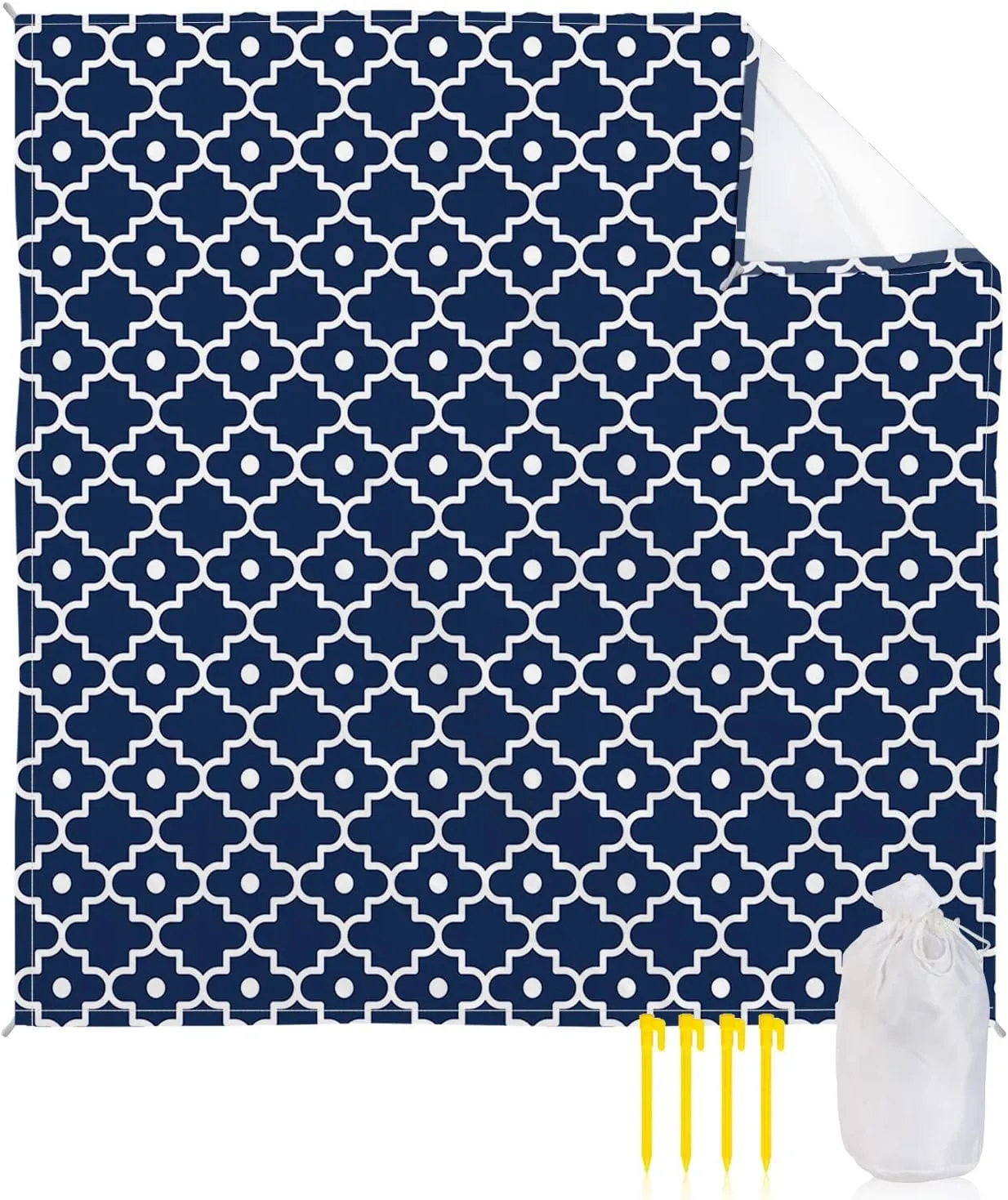 Beach Blanket Sandproof, Dark Blue Moroccan Geometric Waterproof Beach Mat Lightweight Quick Drying Picnic Blanket Beach Essentials for Travel Camping Hiking 118x108in