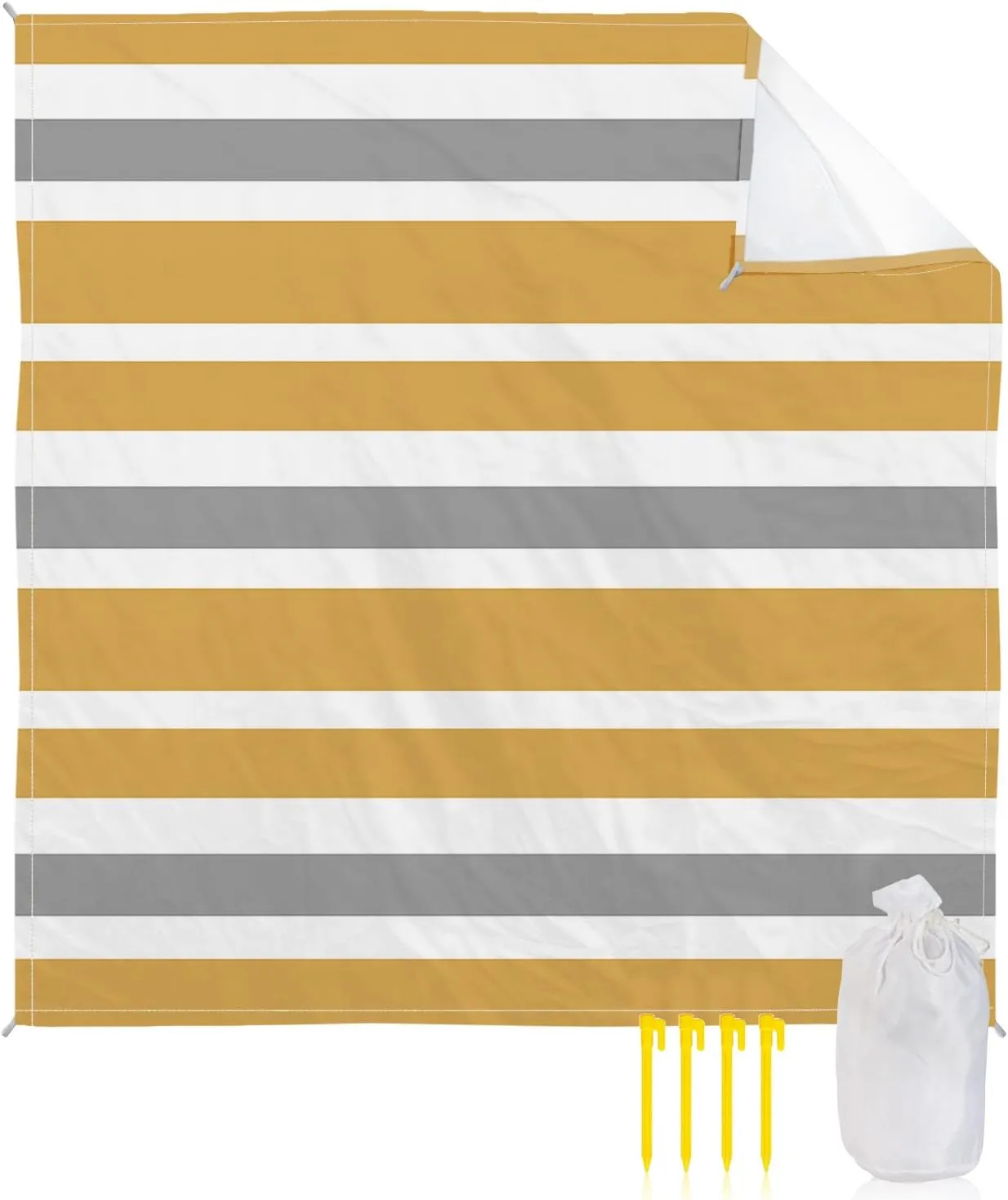 Beach Blanket Sandproof, Dark Yellow Gray White Stripe Waterproof Beach Mat Lightweight Quick Drying Picnic Blanket Beach Essentials for Travel Camping Hiking 83x79in