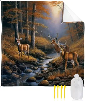 Beach Blanket Sandproof, Deer Standing by a Stream Deep in The Forest Waterproof Beach Mat Lightweight Quick Drying Picnic Blanket Beach Essentials for Travel Camping Hiking 83x79in