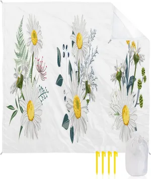 Beach Blanket Sandproof, Flowers White Daisy Green Plants Leaves Waterproof Beach Mat Lightweight Quick Drying Picnic Blanket Beach Essentials for Travel Camping Hiking 83x79in