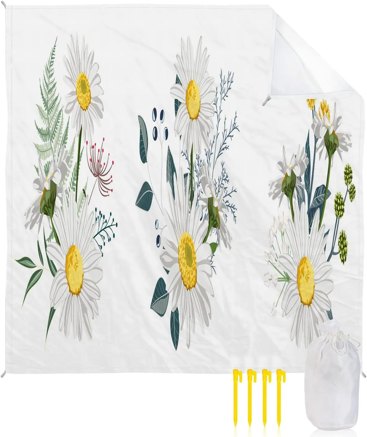 Beach Blanket Sandproof, Flowers White Daisy Green Plants Leaves Waterproof Beach Mat Lightweight Quick Drying Picnic Blanket Beach Essentials for Travel Camping Hiking 83x79in