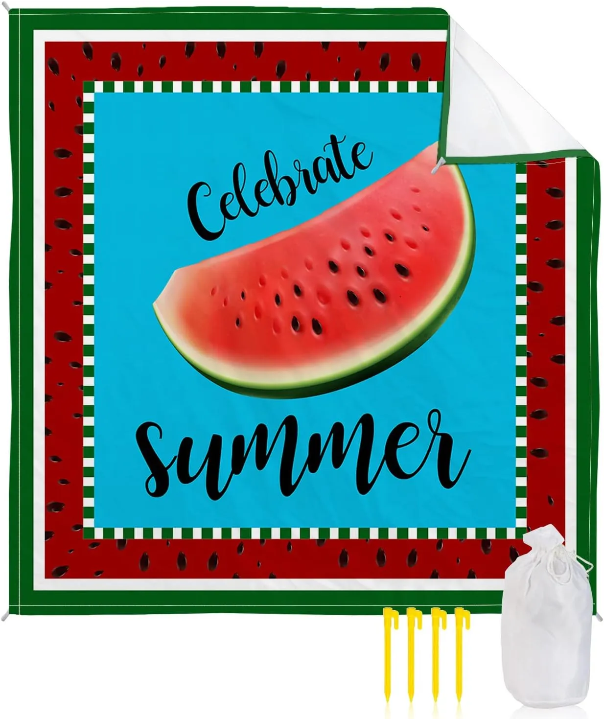 Beach Blanket Sandproof, Fruits Summer Watermelon Green Waterproof Beach Mat Lightweight Quick Drying Picnic Blanket Beach Essentials for Travel Camping Hiking 95x80in