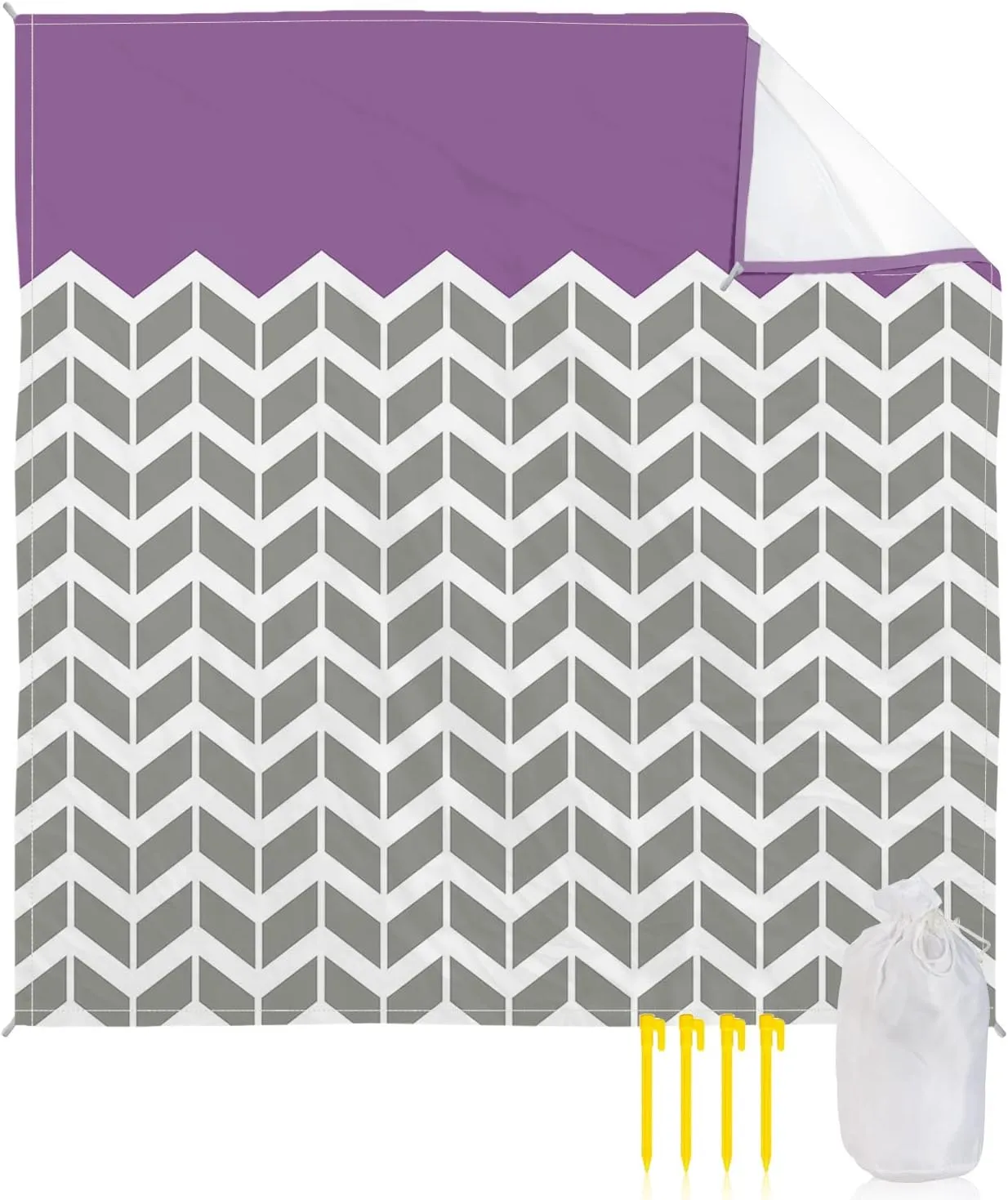 Beach Blanket Sandproof, Geometric Chevron Pattern Purple Waterproof Beach Mat Lightweight Quick Drying Picnic Blanket Beach Essentials for Travel Camping Hiking 83x79in