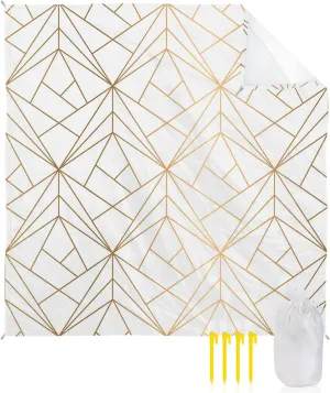 Beach Blanket Sandproof, Gold Yellow Line Geometric Patterned Waterproof Beach Mat Lightweight Quick Drying Picnic Blanket Beach Essentials for Travel Camping Hiking 108x84in