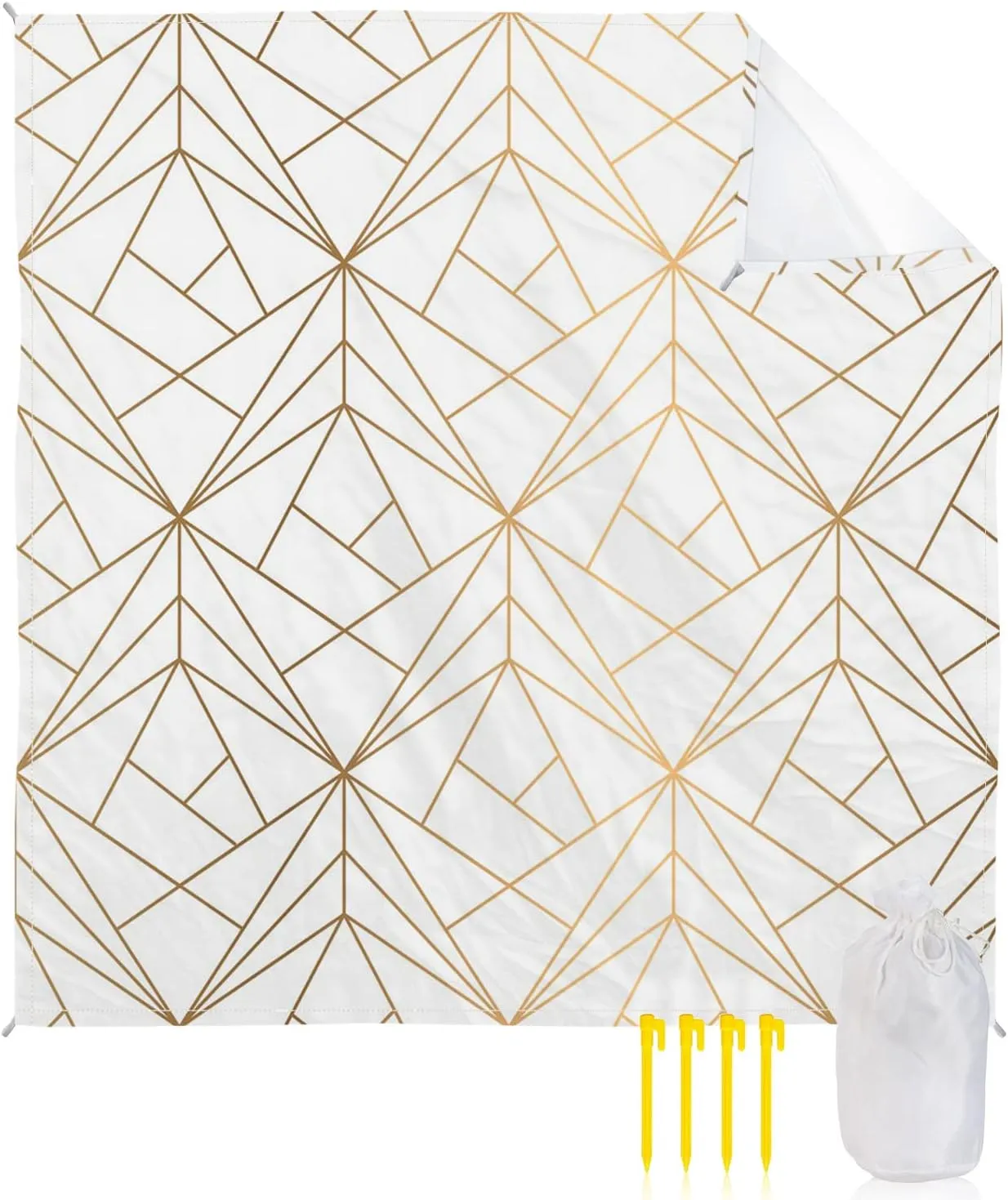 Beach Blanket Sandproof, Gold Yellow Line Geometric Patterned Waterproof Beach Mat Lightweight Quick Drying Picnic Blanket Beach Essentials for Travel Camping Hiking 108x84in