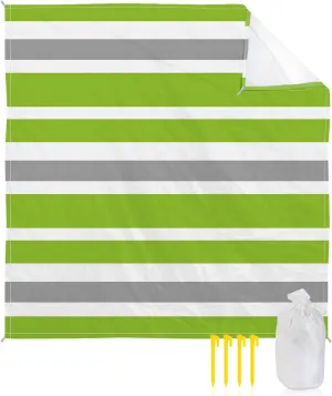 Beach Blanket Sandproof, Green Gray White Geometric Stripes Waterproof Beach Mat Lightweight Quick Drying Picnic Blanket Beach Essentials for Travel Camping Hiking 108x84in