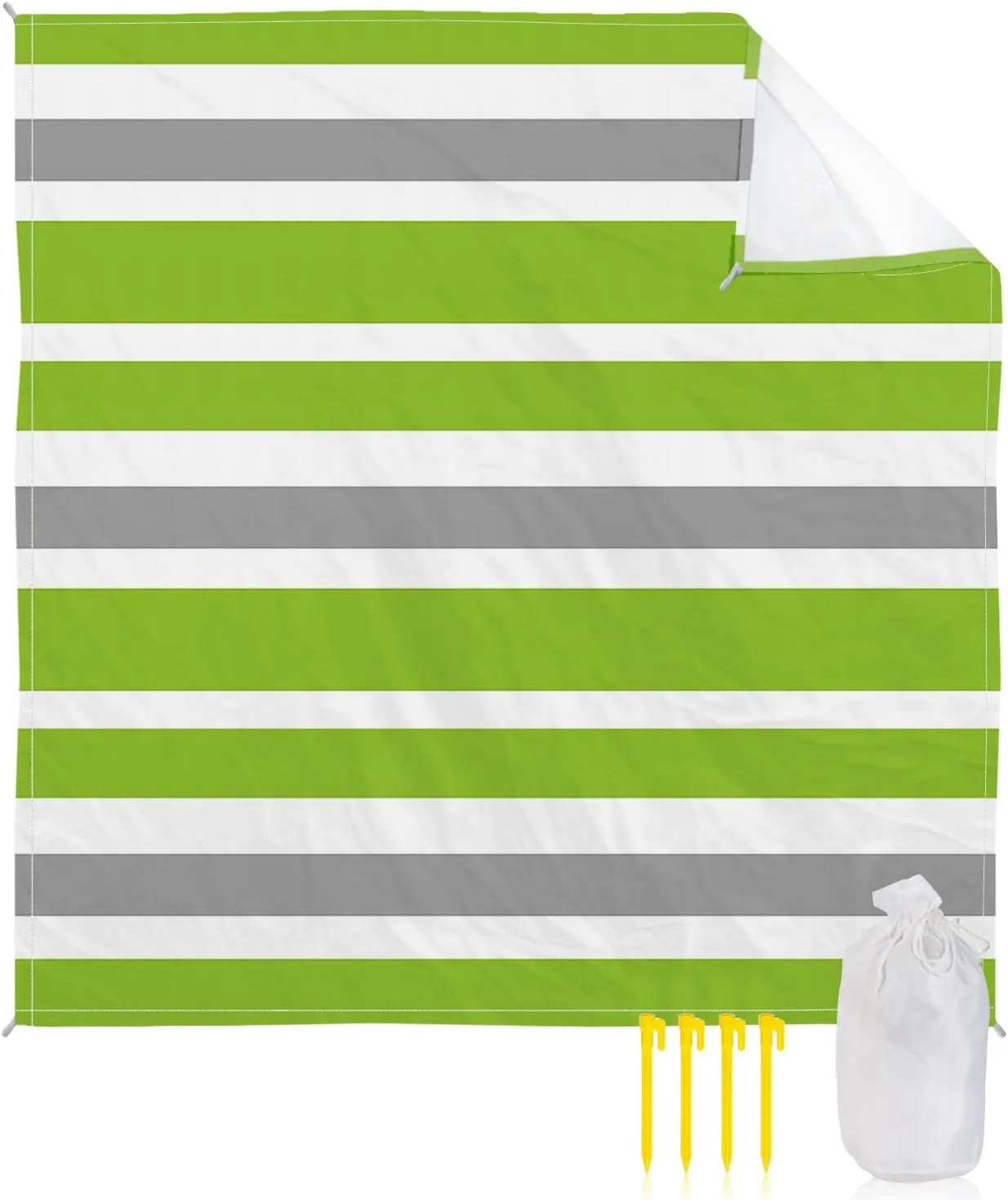 Beach Blanket Sandproof, Green Gray White Geometric Stripes Waterproof Beach Mat Lightweight Quick Drying Picnic Blanket Beach Essentials for Travel Camping Hiking 108x84in