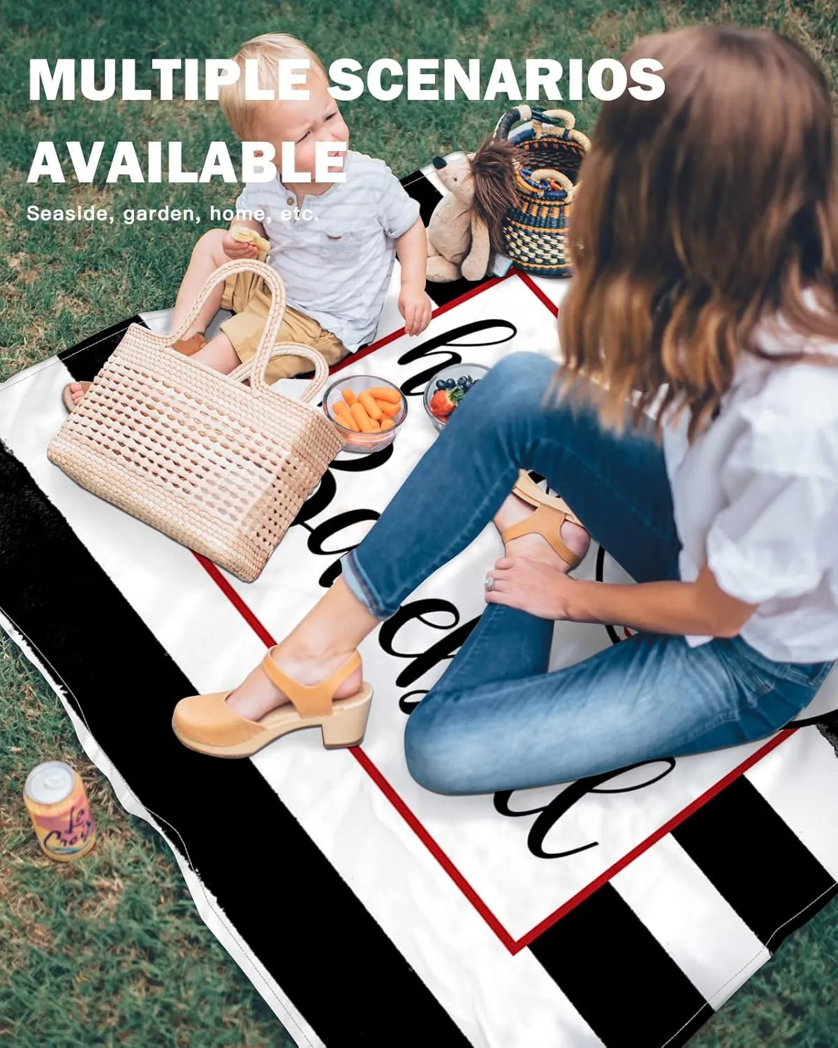 Beach Blanket Sandproof, Hello Baseball on Black White Stripes Waterproof Beach Mat Lightweight Quick Drying Picnic Blanket Beach Essentials for Travel Camping Hiking 83x79in