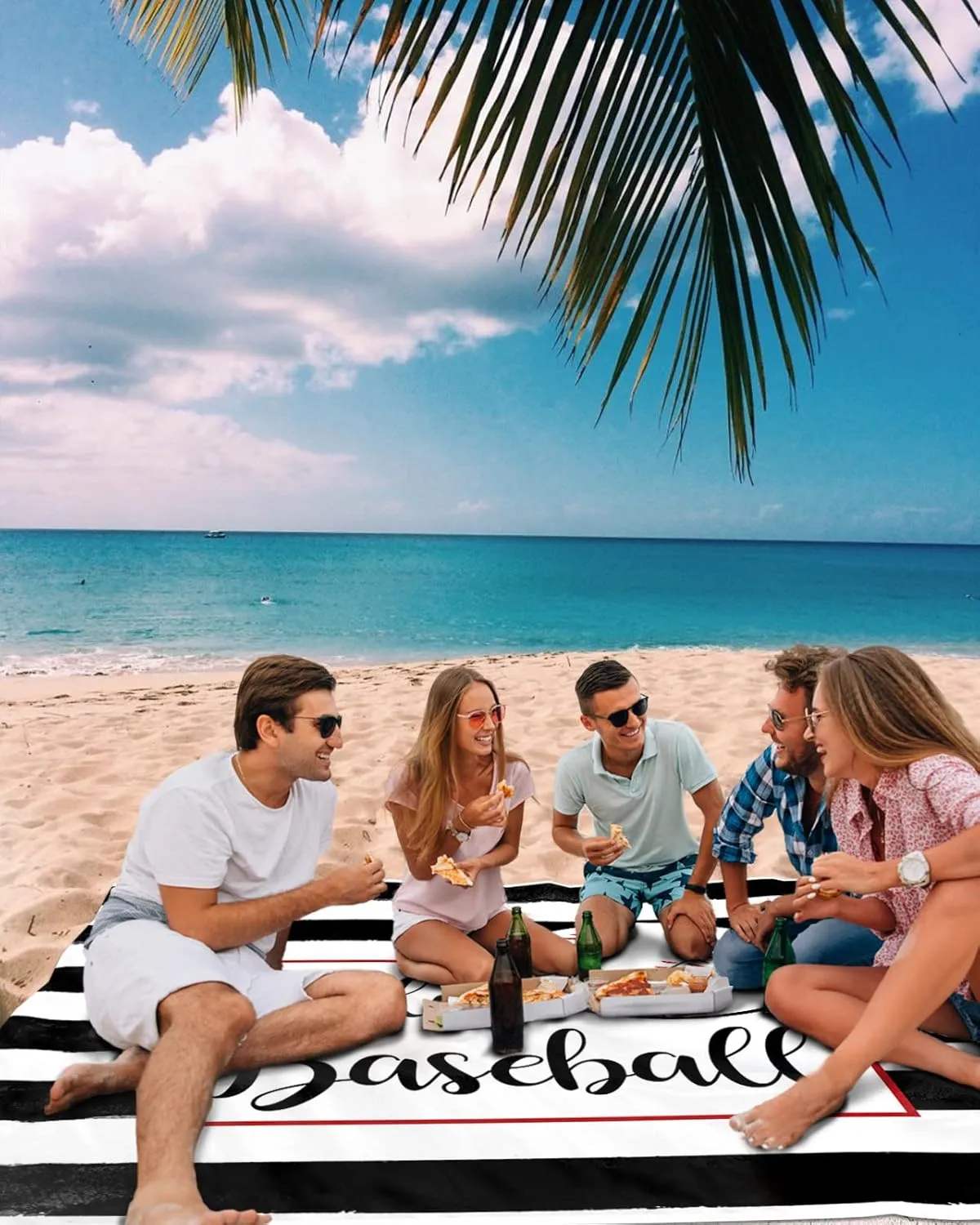 Beach Blanket Sandproof, Hello Baseball on Black White Stripes Waterproof Beach Mat Lightweight Quick Drying Picnic Blanket Beach Essentials for Travel Camping Hiking 83x79in