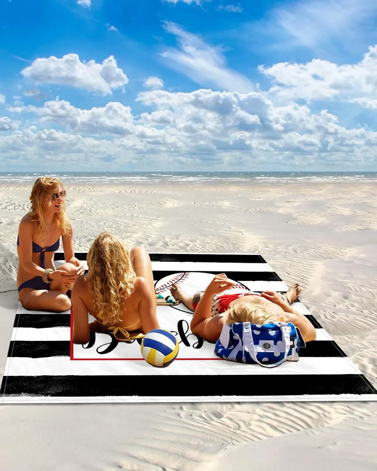 Beach Blanket Sandproof, Hello Baseball on Black White Stripes Waterproof Beach Mat Lightweight Quick Drying Picnic Blanket Beach Essentials for Travel Camping Hiking 83x79in