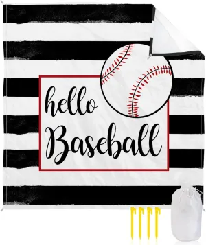 Beach Blanket Sandproof, Hello Baseball on Black White Stripes Waterproof Beach Mat Lightweight Quick Drying Picnic Blanket Beach Essentials for Travel Camping Hiking 83x79in