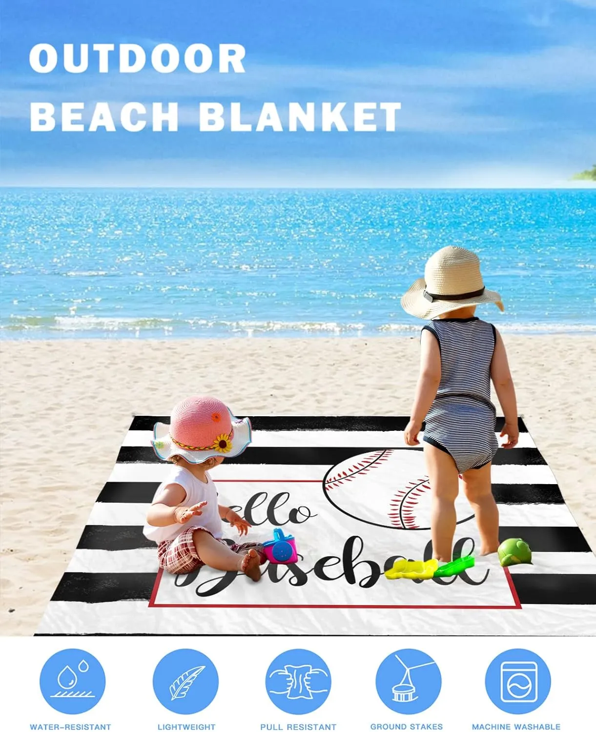 Beach Blanket Sandproof, Hello Baseball on Black White Stripes Waterproof Beach Mat Lightweight Quick Drying Picnic Blanket Beach Essentials for Travel Camping Hiking 83x79in