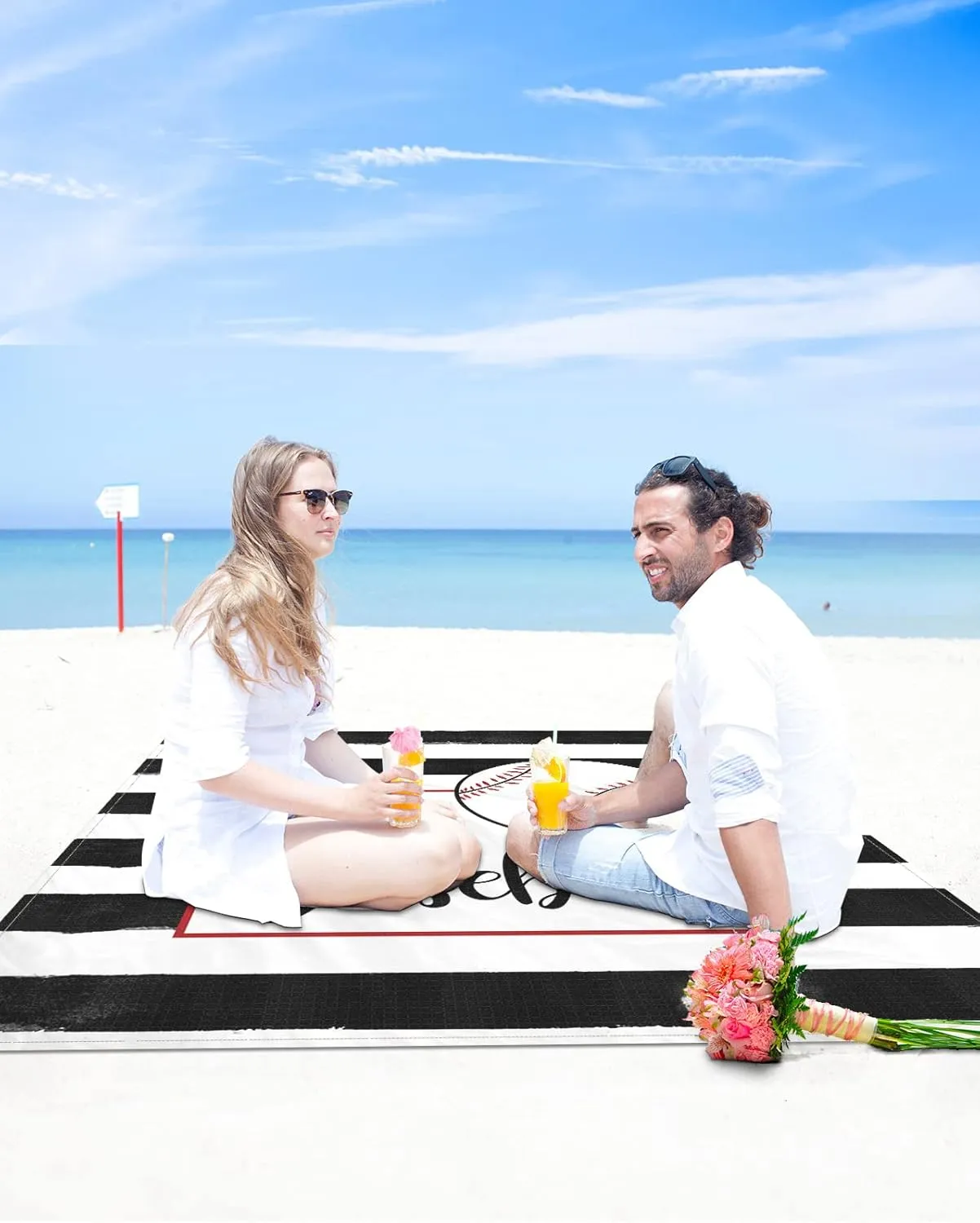 Beach Blanket Sandproof, Hello Baseball on Black White Stripes Waterproof Beach Mat Lightweight Quick Drying Picnic Blanket Beach Essentials for Travel Camping Hiking 83x79in