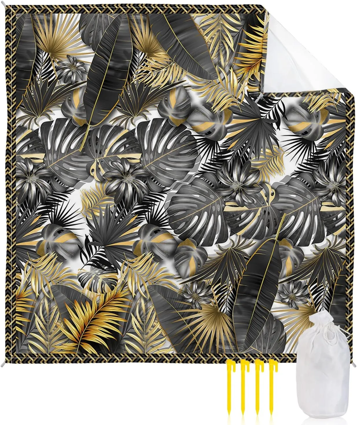 Beach Blanket Sandproof, Luxury Gray Golden Palm Leaves Tropical Plant Waterproof Beach Mat Lightweight Quick Drying Picnic Blanket Beach Essentials for Travel Camping Hiking 118x108in