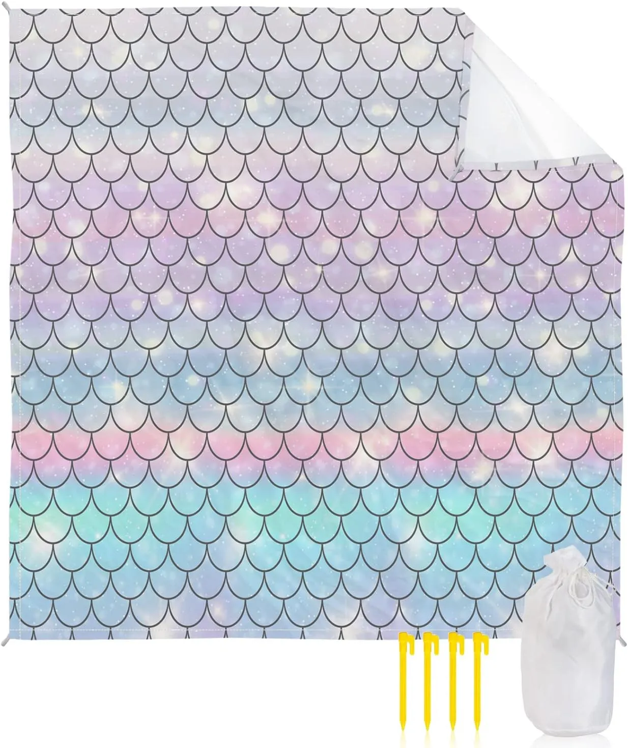 Beach Blanket Sandproof, Mermaid Scales Waterproof Beach Mat Lightweight Quick Drying Picnic Blanket Beach Essentials for Travel Camping Hiking 83x79in