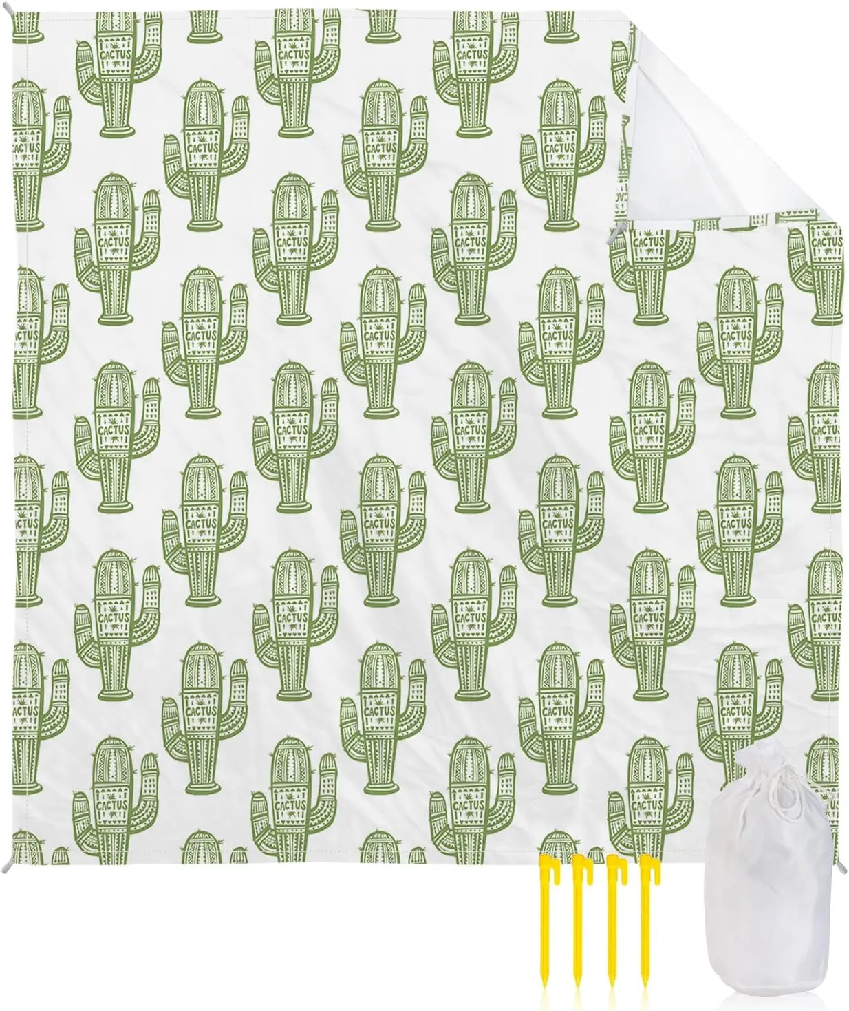 Beach Blanket Sandproof, Mexico Ethnic Green Cactus Plant White Background Waterproof Beach Mat Lightweight Quick Drying Picnic Blanket Beach Essentials for Travel Camping Hiking 118x108in