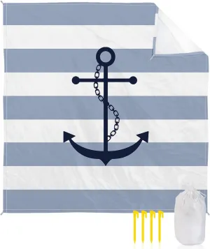 Beach Blanket Sandproof, Nautical Anchor Sky Blue and White Striped Waterproof Beach Mat Lightweight Quick Drying Picnic Blanket Beach Essentials for Travel Camping Hiking 118x108in
