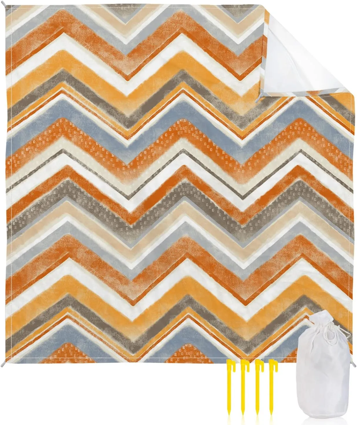 Beach Blanket Sandproof, Northern Europe Orange Geometric Wave Stripes Waterproof Beach Mat Lightweight Quick Drying Picnic Blanket Beach Essentials for Travel Camping Hiking 95x80in