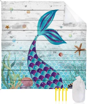 Beach Blanket Sandproof, Ocean Mermaid Shell Starfish Wooden Waterproof Beach Mat Lightweight Quick Drying Picnic Blanket Beach Essentials for Travel Camping Hiking 118x108in