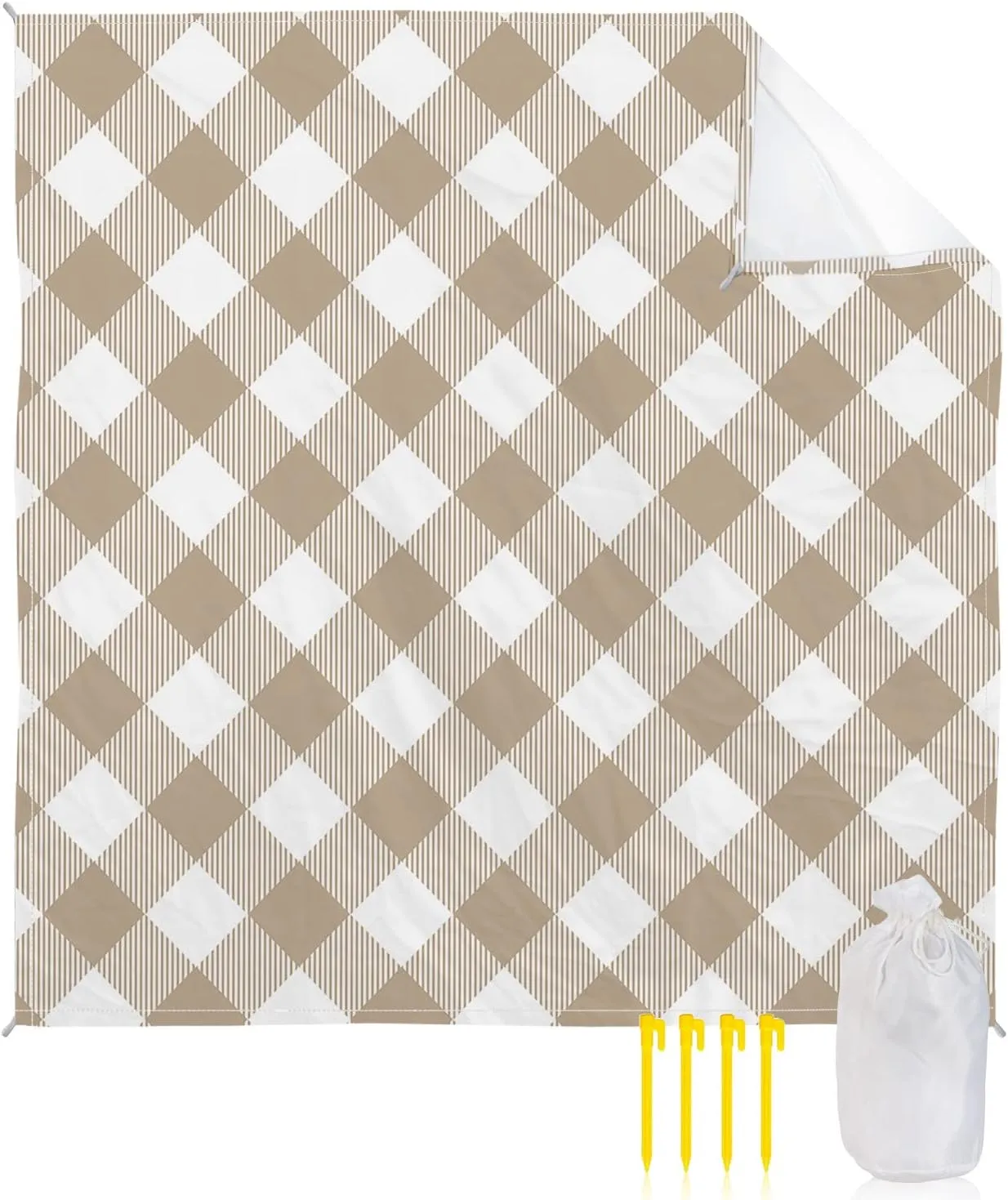 Beach Blanket Sandproof, Pastoral Style Khaki Lattice Waterproof Beach Mat Lightweight Quick Drying Picnic Blanket Beach Essentials for Travel Camping Hiking 95x80in