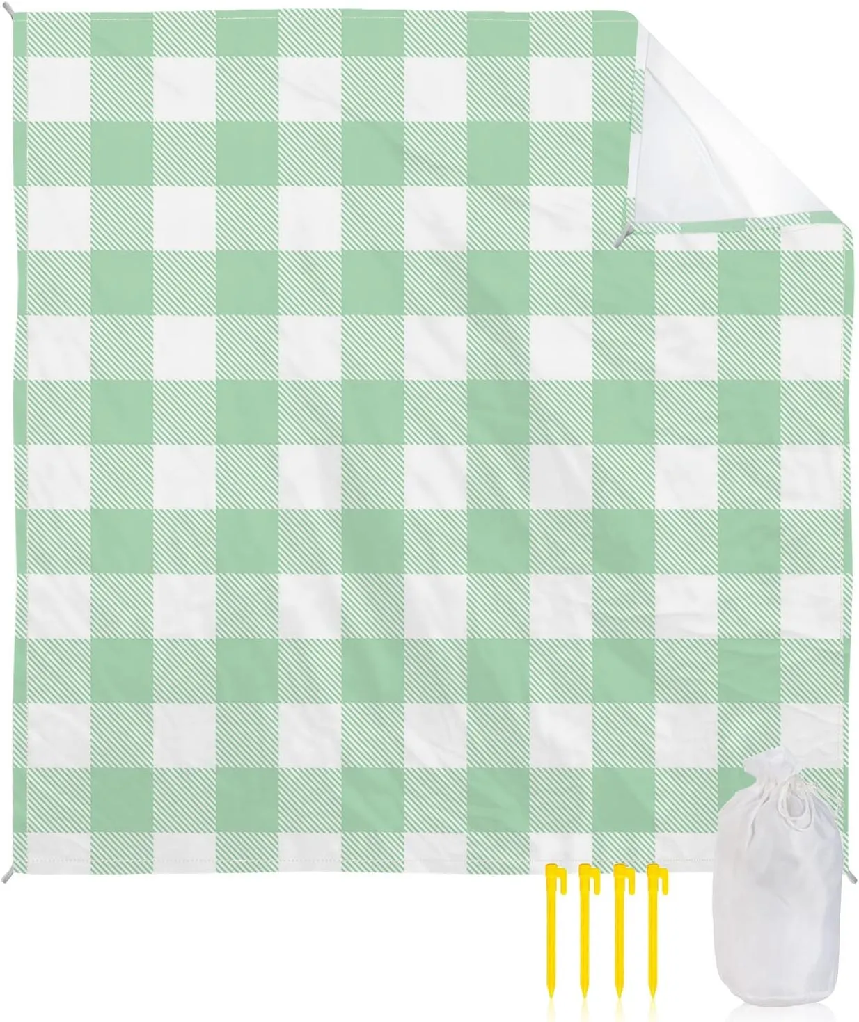 Beach Blanket Sandproof, Pastoral Style Light Green Lattice Waterproof Beach Mat Lightweight Quick Drying Picnic Blanket Beach Essentials for Travel Camping Hiking 118x108in